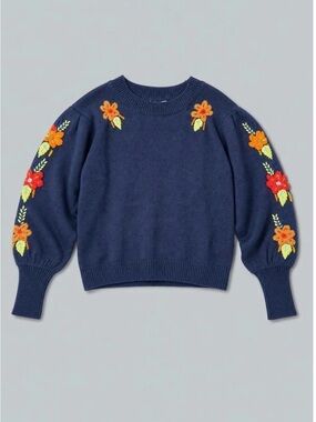 NWT Something Navy Navy Crewneck Sweater with Orange & Red Floral Embroidery
